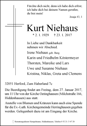 Traueranzeige von Kurt Niehaus von Westfalen-Blatt