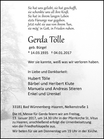 Traueranzeige von Gerda Tölle von Westfalen-Blatt