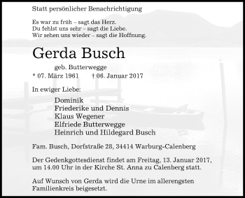 Traueranzeige von Gerda Busch von Westfalen-Blatt