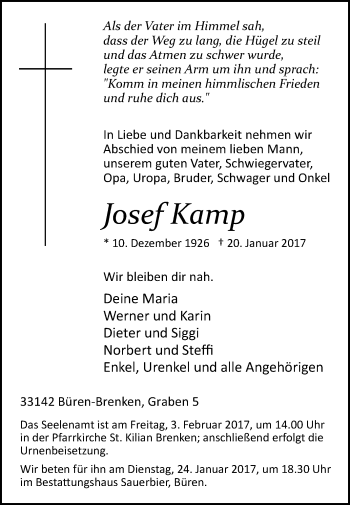 Traueranzeige von Josef Kamp von Westfalen-Blatt