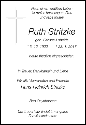 Traueranzeige von Ruth Stritzke von Westfalen-Blatt