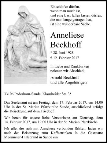 Traueranzeige von Anneliese Beckhoff von Westfalen-Blatt