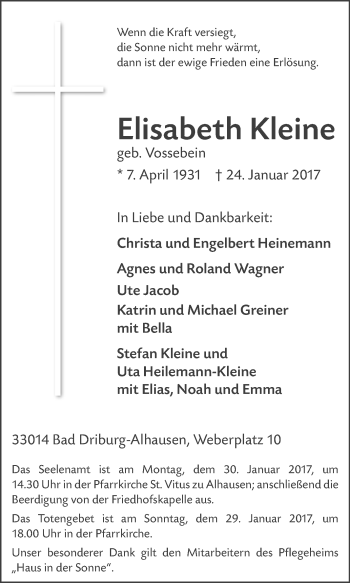 Traueranzeige von Elisabeth Kleine von Westfalen-Blatt