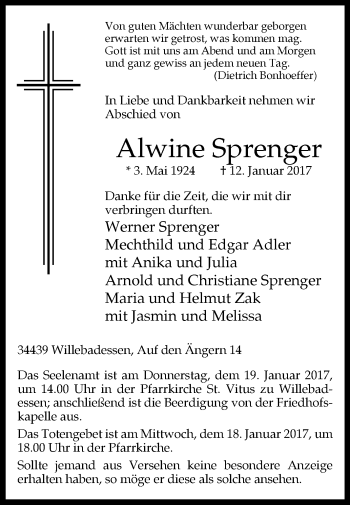 Traueranzeige von Alwine Sprenger von Westfalen-Blatt