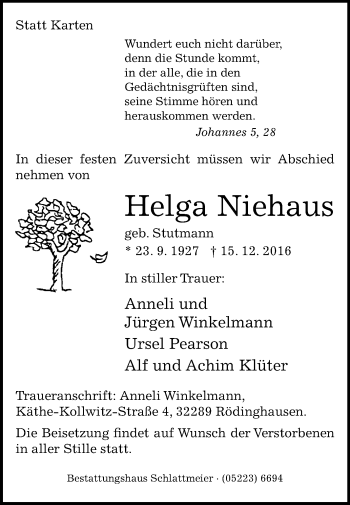 Traueranzeige von Helga Niehaus von Westfalen-Blatt