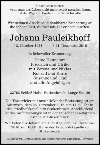 Traueranzeige von Johann Pauleikhoff von Westfalen-Blatt