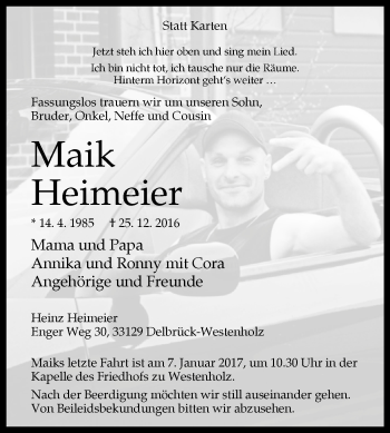 Traueranzeige von Maik Heimeier von Westfalen-Blatt