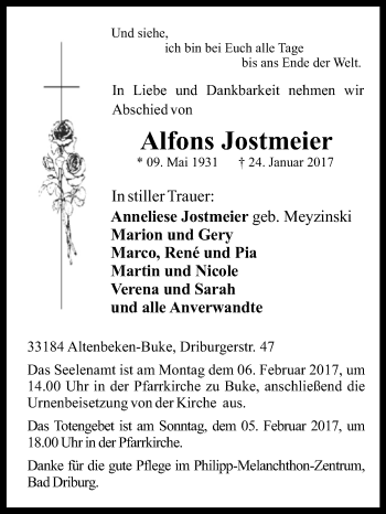 Traueranzeige von Alfons Jostmeier von Westfalen-Blatt