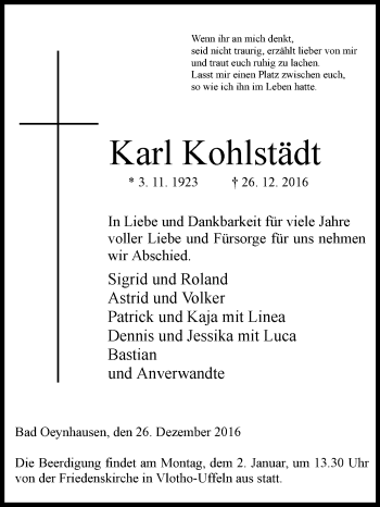 Traueranzeige von Karl Kohlstädt von Westfalen-Blatt