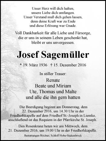 Traueranzeige von Josef Sagemüller von Westfalen-Blatt