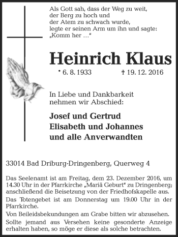 Traueranzeige von Heinrich Klaus von Westfalen-Blatt