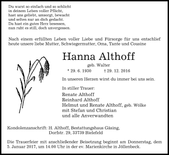 Traueranzeige von Hanna Althoff von Westfalen-Blatt