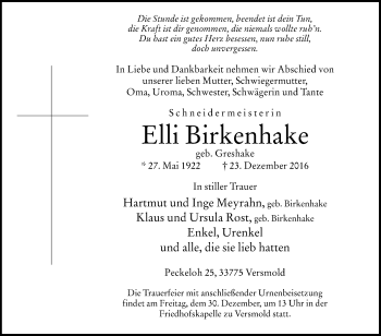 Traueranzeige von Elli Birkenhake von Westfalen-Blatt