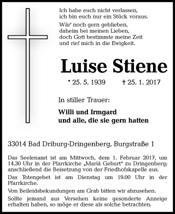 Traueranzeige von Luise Stiene von Westfalen-Blatt