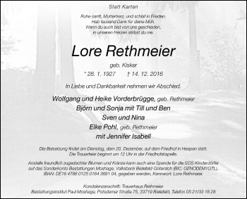 Traueranzeige von Lore Rethmeier von Westfalen-Blatt