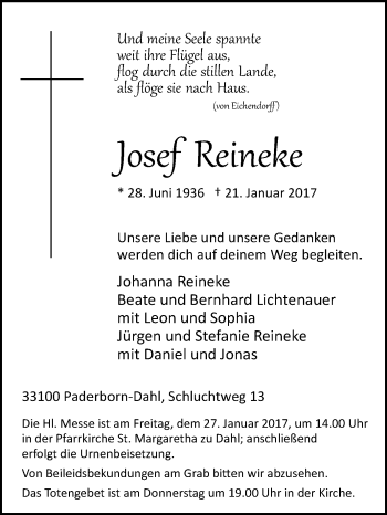 Traueranzeige von Josef Reineke von Westfalen-Blatt