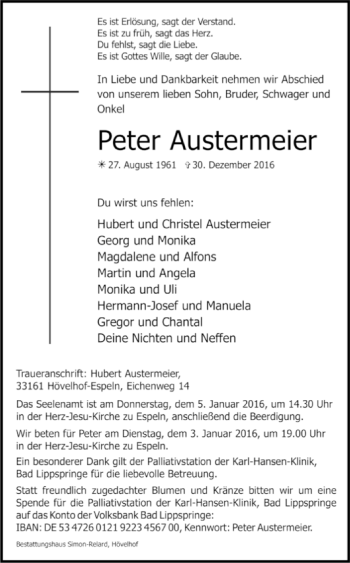 Traueranzeige von Peter Austermeier von Westfalen-Blatt