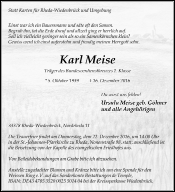 Traueranzeige von Karl Meise von Westfalen-Blatt