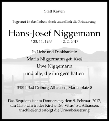 Traueranzeige von Hans-Josef Niggemann von Westfalen-Blatt