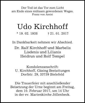 Traueranzeige von Udo Kirchhoff von Westfalen-Blatt