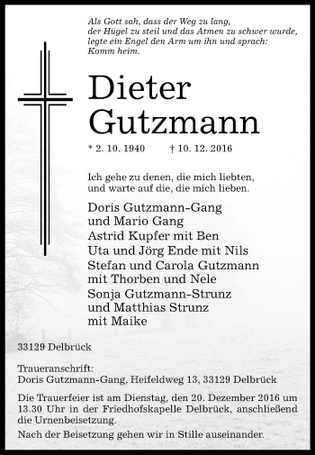 Traueranzeige von Dieter Gutzmann von Westfalen-Blatt