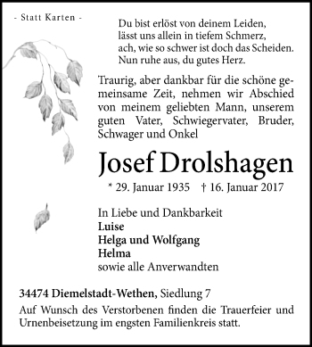 Traueranzeige von Josef Drolshagen von Westfalen-Blatt