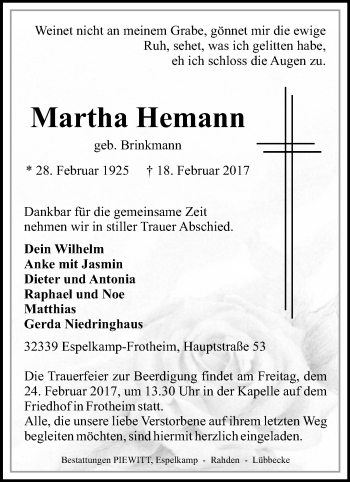 Traueranzeige von Martha Hemann von Westfalen-Blatt