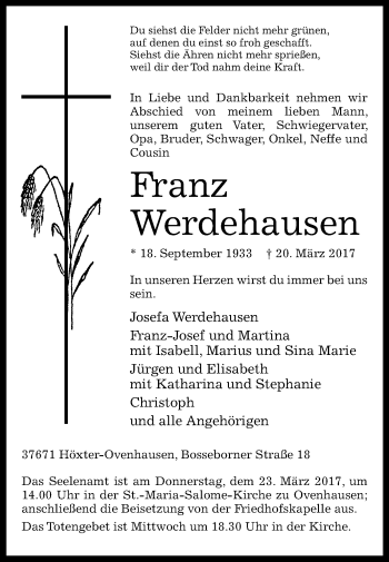 Traueranzeige von Franz Werdehausen von Westfalen-Blatt