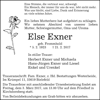 Traueranzeige von Else Exner von Westfalen-Blatt