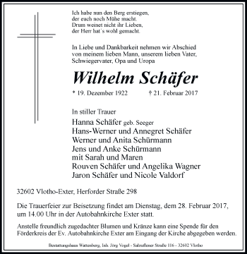 Traueranzeige von Wilhelm Schäfer von Westfalen-Blatt