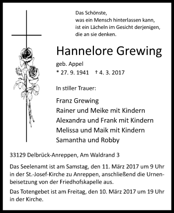 Traueranzeige von Hannelore Grewing von Westfalen-Blatt