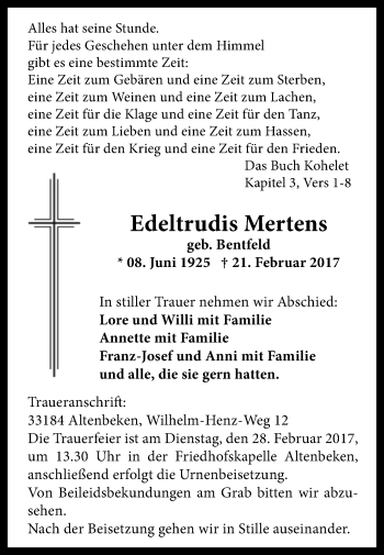 Traueranzeige von Edeltrudis Mertens von Westfalen-Blatt