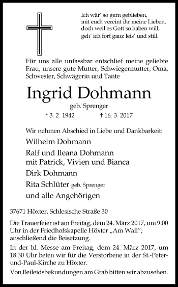 Traueranzeige von Ingrid Dohmann von Westfalen-Blatt