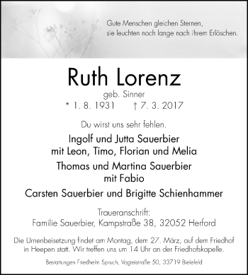 Traueranzeige von Ruth Lorenz von Westfalen-Blatt