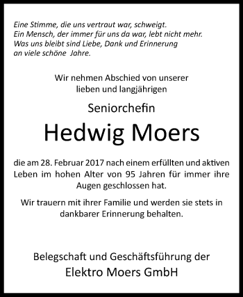 Traueranzeige von Hedwig Moers von Westfalen-Blatt