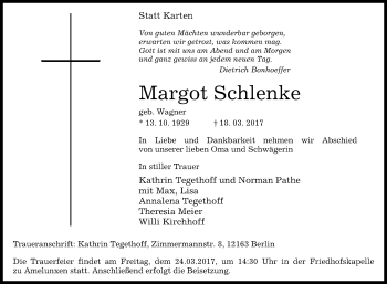 Traueranzeige von Margot Schlenke von Westfalen-Blatt