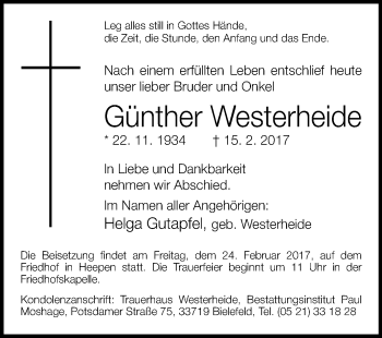 Traueranzeige von Günther Westerheide von Westfalen-Blatt