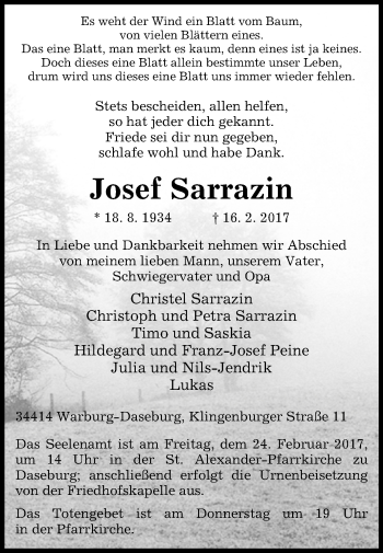 Traueranzeige von Josef Sarrazin von Westfalen-Blatt