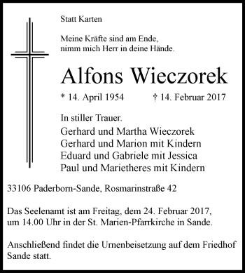 Traueranzeige von Alfons Wieczorek von Westfalen-Blatt