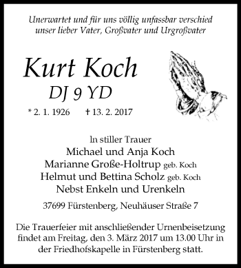 Traueranzeige von Kurt Koch von Westfalen-Blatt