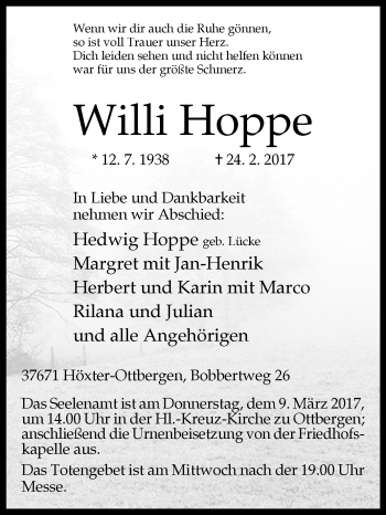 Traueranzeige von Willi Hoppe von Westfalen-Blatt