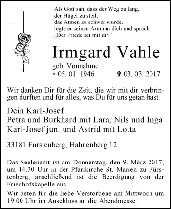 Traueranzeige von Irmgard Vahle von Westfalen-Blatt