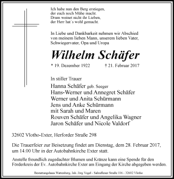 Traueranzeige von Wilhelm Schäfer von Westfalen-Blatt