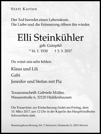 Traueranzeige von Elli Steinkühler von Westfalen-Blatt