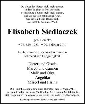 Traueranzeige von Elisabeth Siedlaczek von Westfalen-Blatt