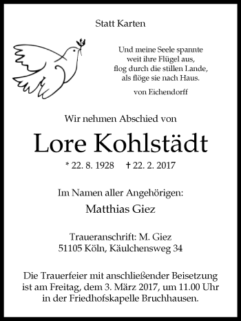 Traueranzeige von Lore Kohlstädt von Westfalen-Blatt