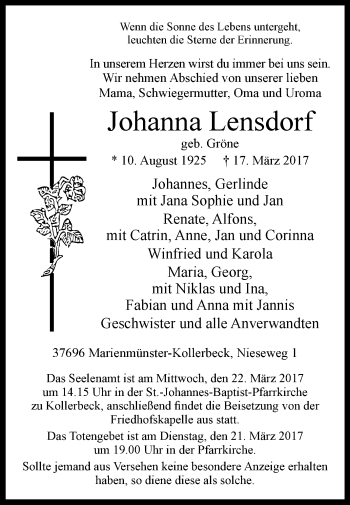 Traueranzeige von Johanna Lensdorf von Westfalen-Blatt