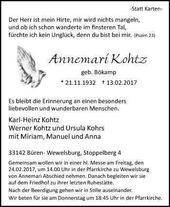 Traueranzeige von Annemari Kohtz von Westfalen-Blatt