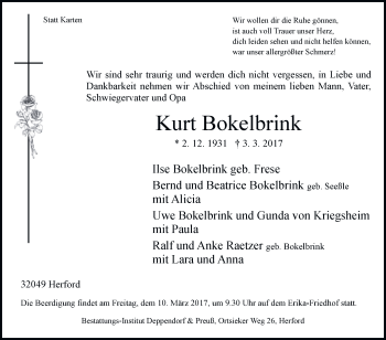 Traueranzeige von Kurt Bokelbrink von Westfalen-Blatt