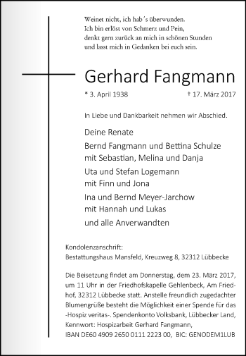 Traueranzeige von Gerhard Fangmann von Westfalen-Blatt